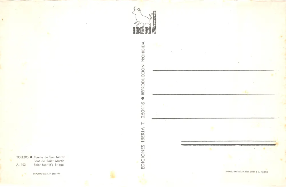 Toledo — Brücke von Saint-Martin — Verlag Iberia, n° A.103 - Rückseite