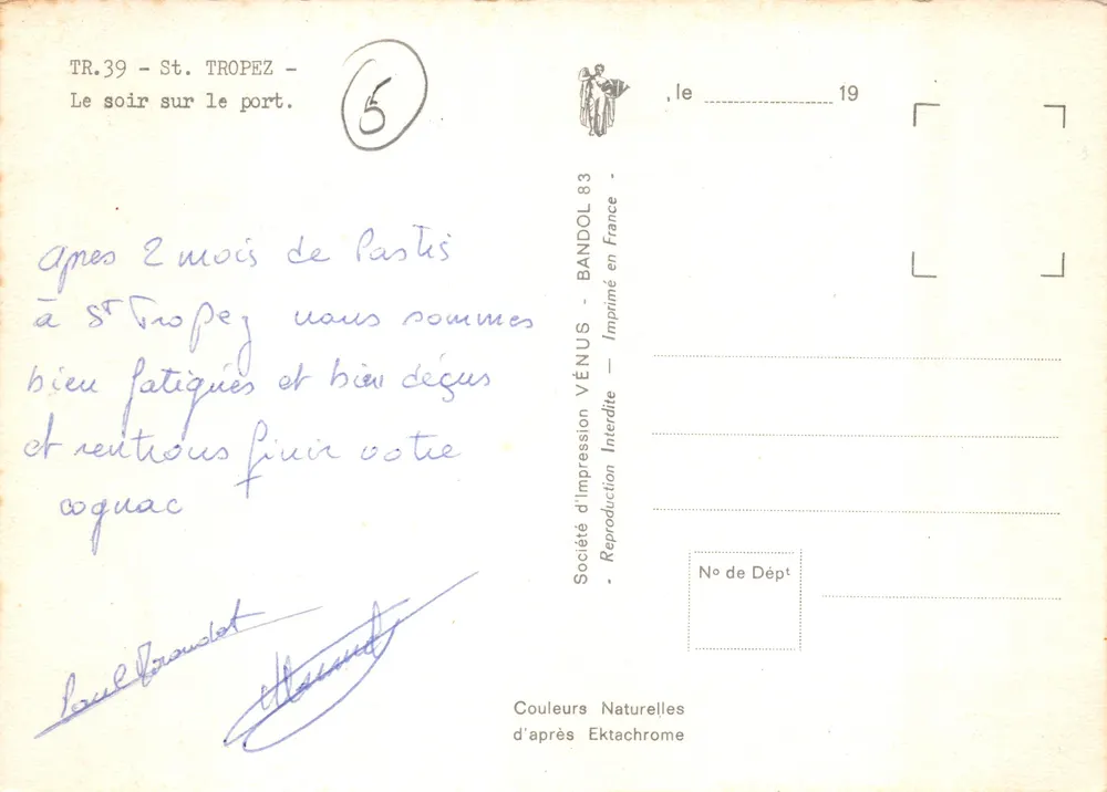 St. Tropez — Le soir sur le port — Société d'Impression VÉNUS, Bandol - Verso