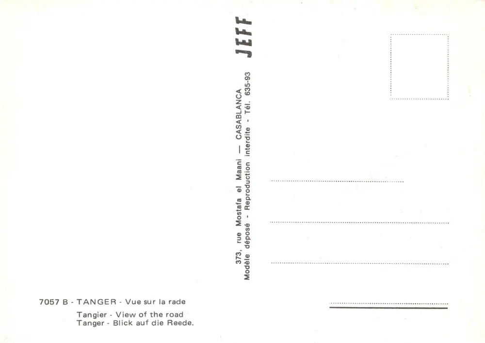 Vue sur la rade — Tangier — éditeur JEFF, n° 7057 B - Verso