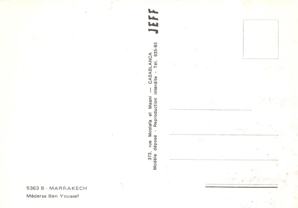 Medersa Ben Youssef — Innenraum mit Säulen und Bögen — Verlag JEFF, Nr. 5363 B - Rückseite
