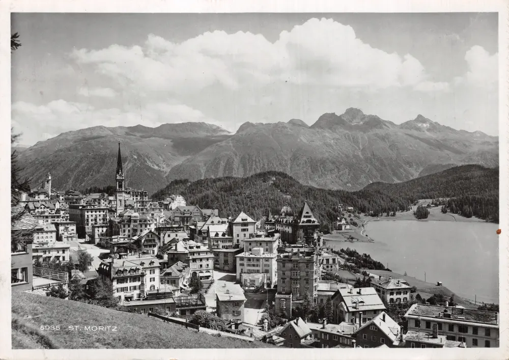 St. Moritz — Panoramablick mit Kirche und See — Verlag Albert Steiner, Nr. 5935 - Vorderseite