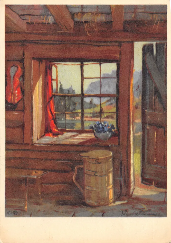 Innenraum eines Holzhäuschens — Aussicht aus dem Fenster mit Fass und Blumen — Edition Schill - Vorderseite