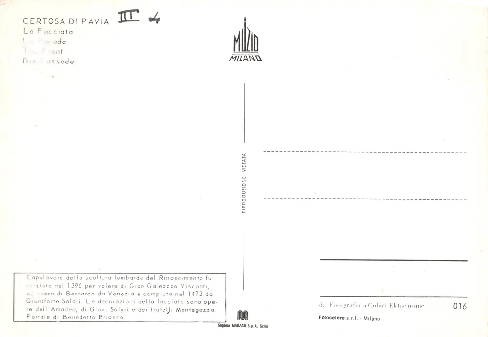 Certosa di Pavia — Renaissance-Fassade — Verlag MILIZIO MILANO, Nr. 016 - Rückseite