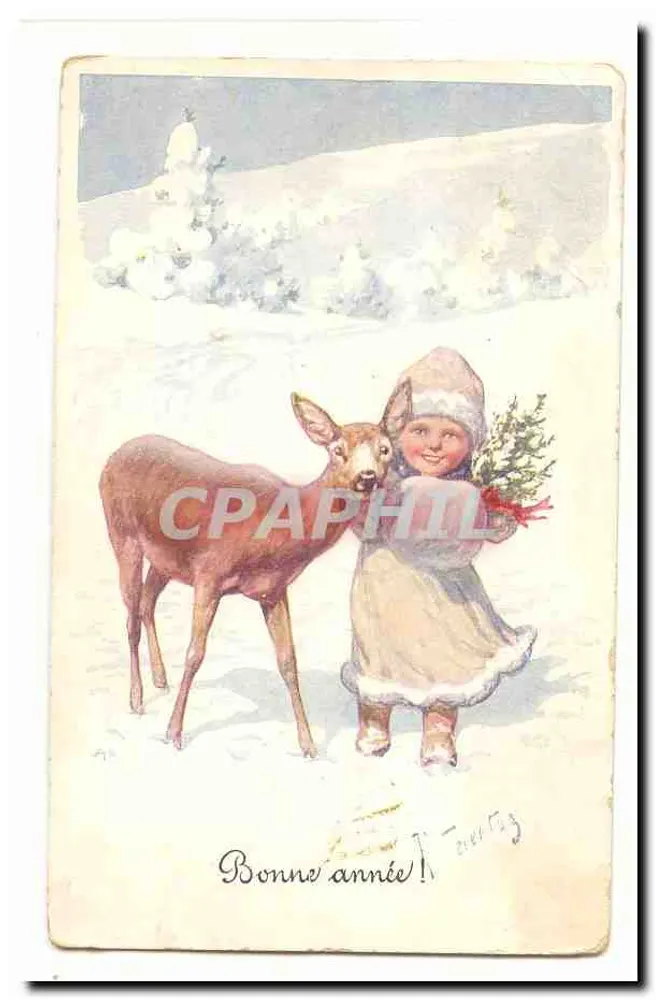 Kind und Hirsch in der Schnee — Frohe Weihnachten! — unbekannter Verlag - Vorderseite