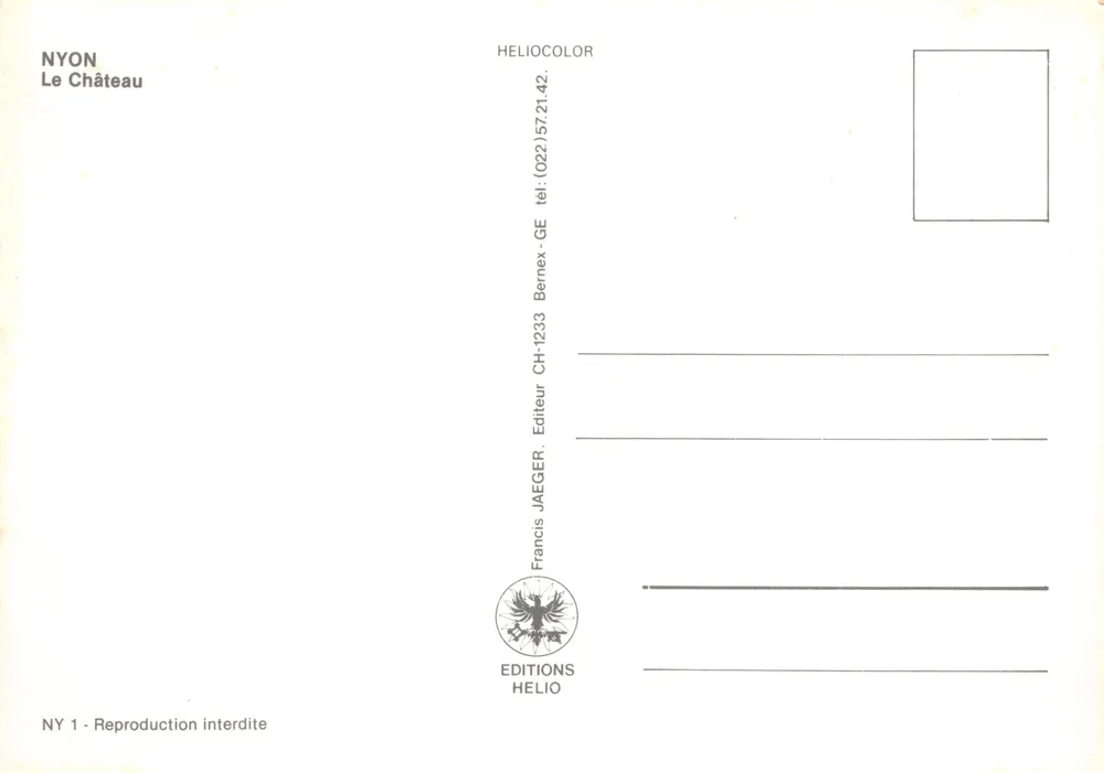 Nyon — Château — éditeur Francis Jaeger, NY 1 - 뒷면