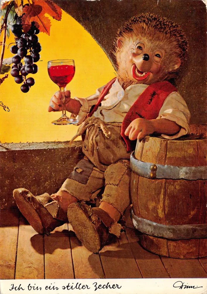 Eichhörnchen, das Wein trinkt — Weinbergsszene mit Trauben und Fass — Verlag 'Frimé' und Nr. 311 - Vorderseite