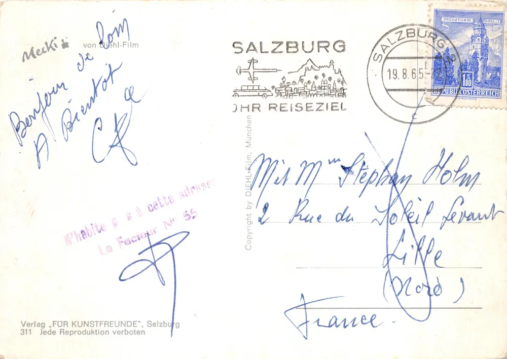 Eichhörnchen, das Wein trinkt — Weinbergsszene mit Trauben und Fass — Verlag 'Frimé' und Nr. 311 - Rückseite