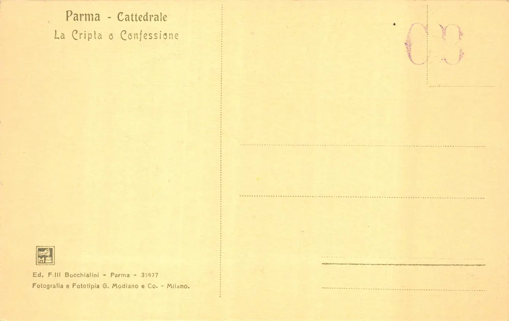 Parma - Cathédrale — La Cripta ou Confession — Éditeur F.lli Bocchialini, n° 35977 - 뒷면