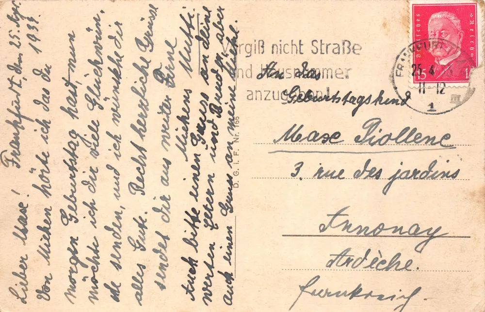 Frankfurt a.M. — View of Schönenmannstal with Cathedral — publisher not visible - Back