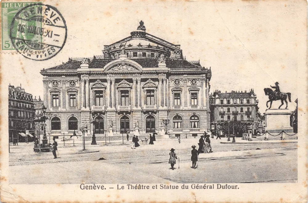 Genf — Ansicht des Theaters und Statue des Generals Dufour — E. Haïssy, Verlag Genf - Vorderseite