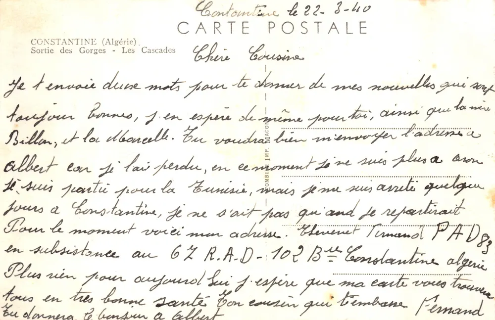 Constantine — Cascades des Gorges — éditeur IMPRIMÉ SUR LA CARTE - Verso