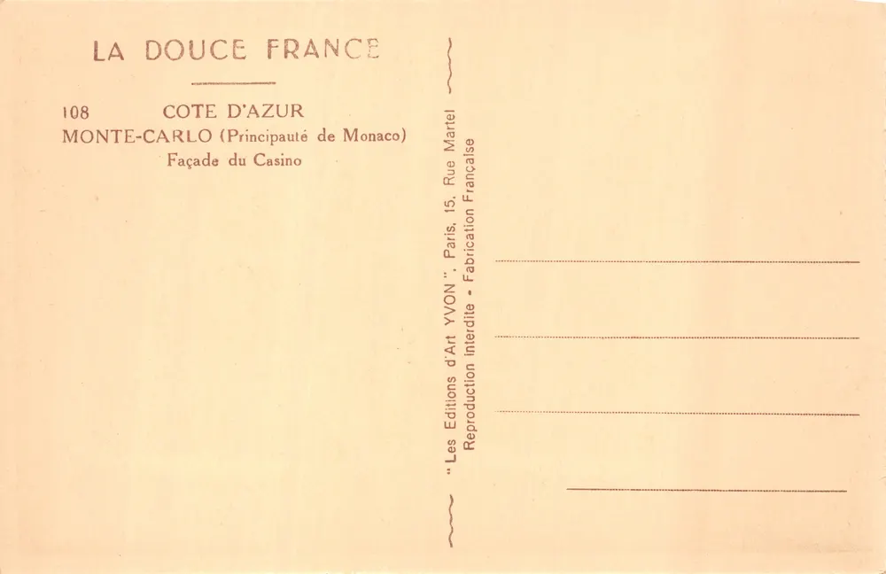 Casino de Monte-Carlo — Hauptschmiede — Éditions d'Art YVON, n°108 - Rückseite
