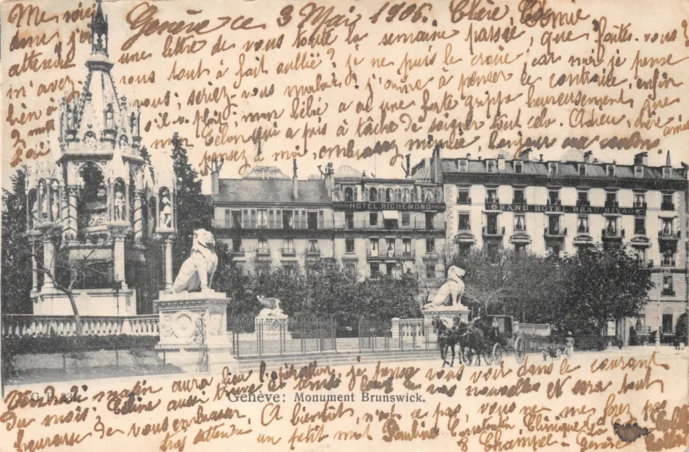 Genf: Denkmal Brunswick — Hotel Richemond und Grand Hôtel Beau Rivage - Vorderseite