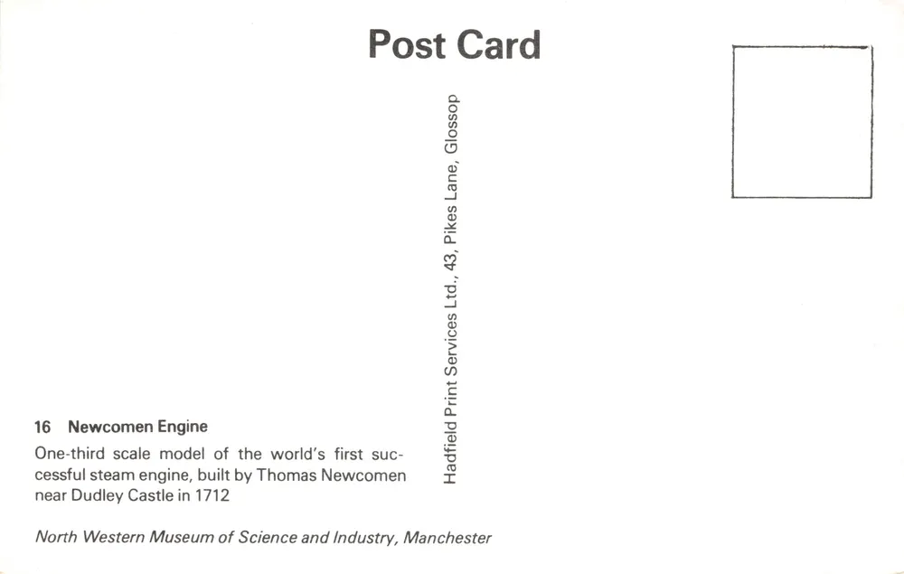 Verkleinerter Modell der ersten Dampfmaschine — Verlag Hadfield Print Services Ltd, Nr. 16 - Rückseite