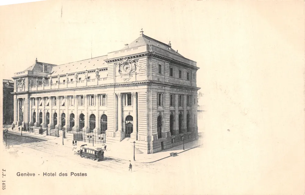 Genf - Hotel der Post — architektonische Ansicht mit Tram vor dem Gebäude, Verlag J.J. n° 1465 - Vorderseite