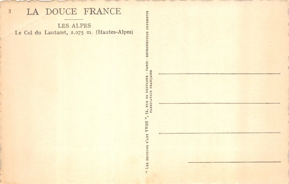 Die Alpen — Der Lautaret-Pass, 2.075 m. — Éditions d'Art Yvon, Paris - Rückseite