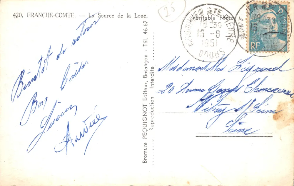 La Source de la Loue — cascade dans une grotte — éditeur PEQUI - पीछे