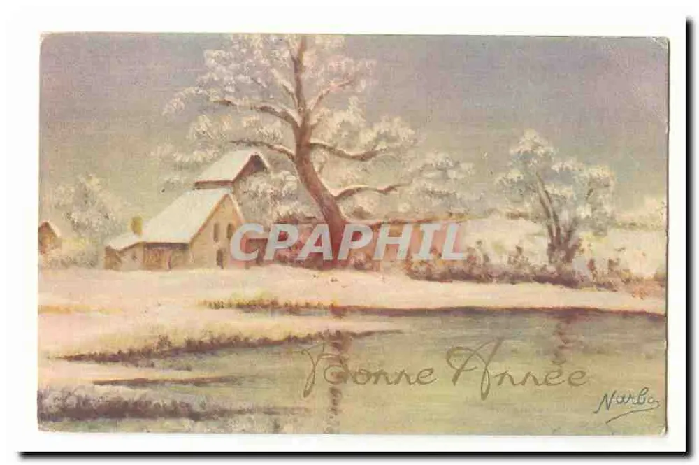 Winterlandschaft — schneebedecktes Haus und Baum — Signatur 'Niarbo' - Vorderseite