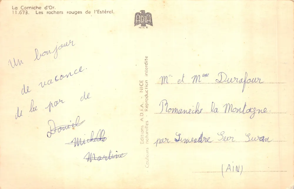 Die roten Felsen des Estérel — La Corniche d'Or, Nr. 11.673 — Éditions A.D.I.A. NICE - Rückseite