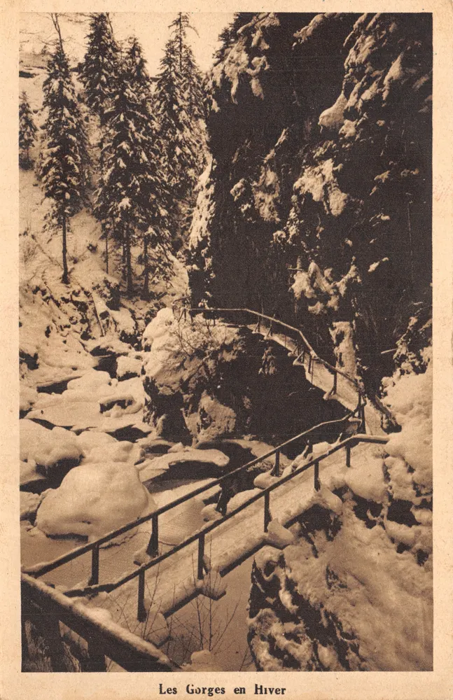 Die Gorges im Winter — Ansicht der schneebedeckten Gorges mit einer Brücke — Verlag: Éditions d'Art - Vorderseite