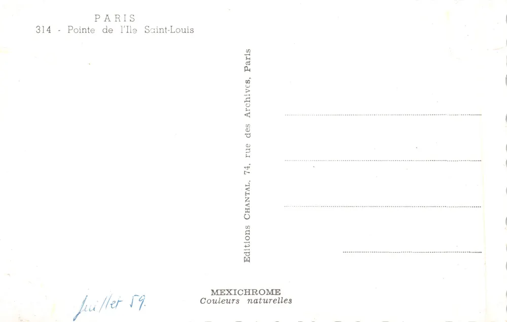 Punkt der Île Saint-Louis — Ansicht des Kai mit Boot und Brücke — Verlag IRIS - Rückseite