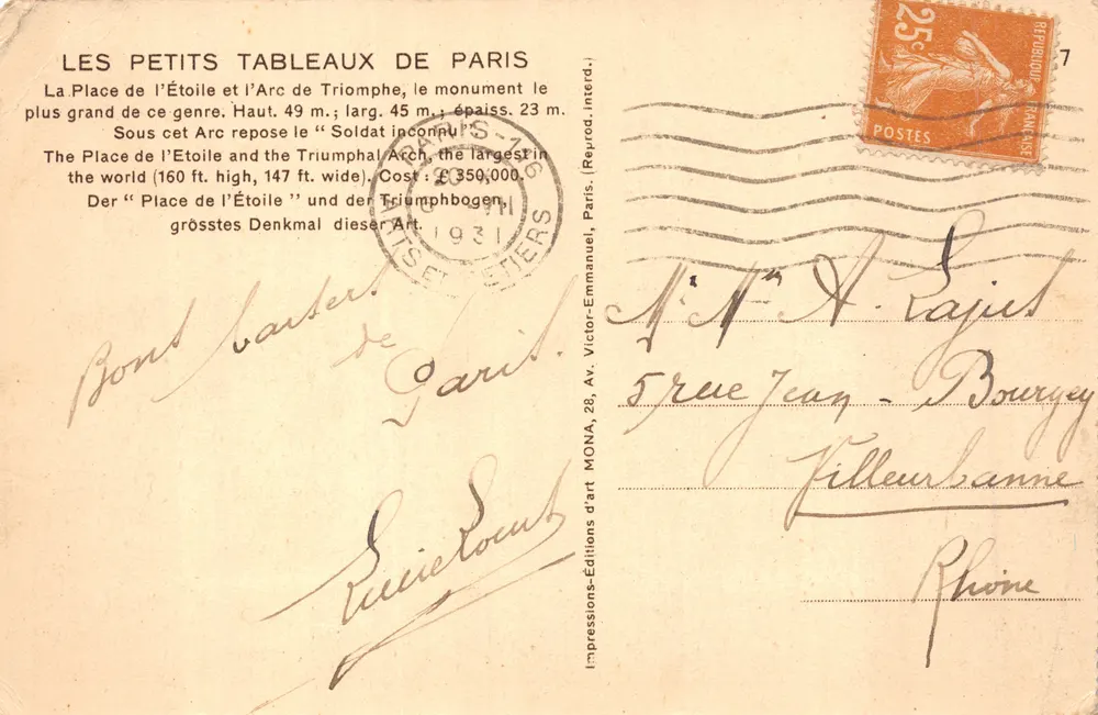 Arc de Triomphe — vue de la Place de l'Étoile — éditeur MONA - Verso