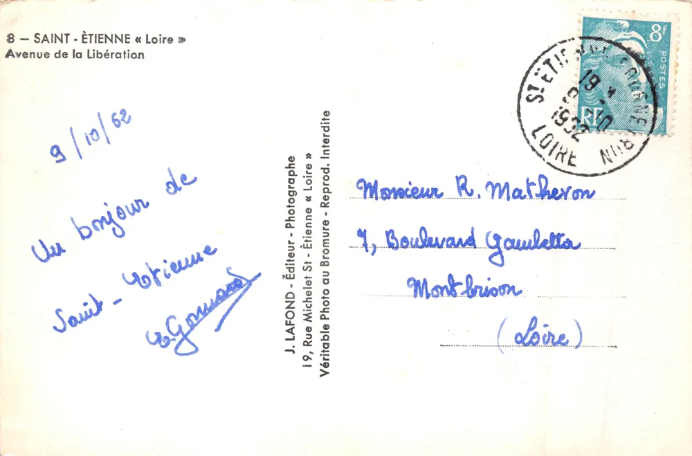 Saint-Étienne — Avenue de la Libération — Verleger J. Lafond - Rückseite