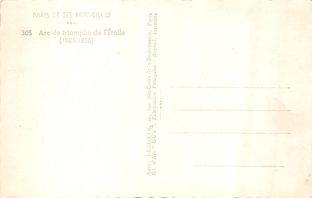 Arc de Triomphe — Place de l'Étoile — éditeur GUY, n° 305 - Verso