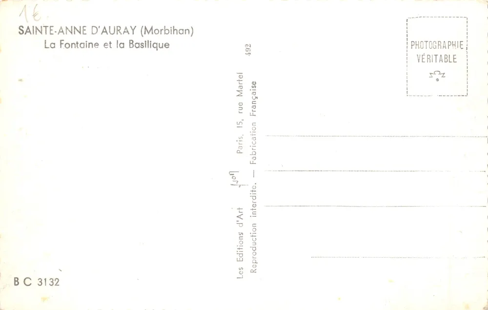 Auray — La Fontaine et la Basilique — Éditions d'Auray - Verso