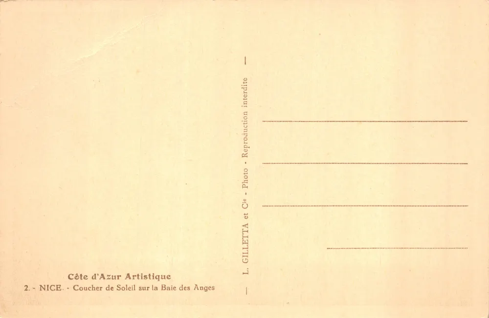 Coucher de soleil sur la Baie des Anges — Nice — Éditeur Gilletta, n°2 - Verso