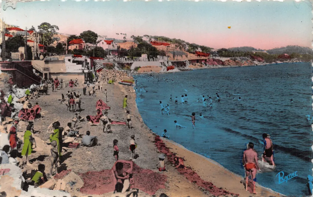 Strand von La Plage — lebendige Ansicht mit Badenden und Küstenbauten — Verlag Rymer - Vorderseite