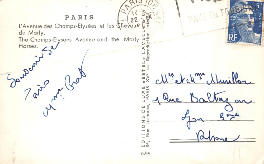 Avenue des Champs-Élysées — Blickrichtung zum Triumphbogen — Éditions de Luxe Estel, Paris - Rückseite