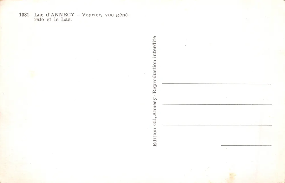 Lac d'Annecy — Vue générale de Veyrier — Édition Gil - Verso