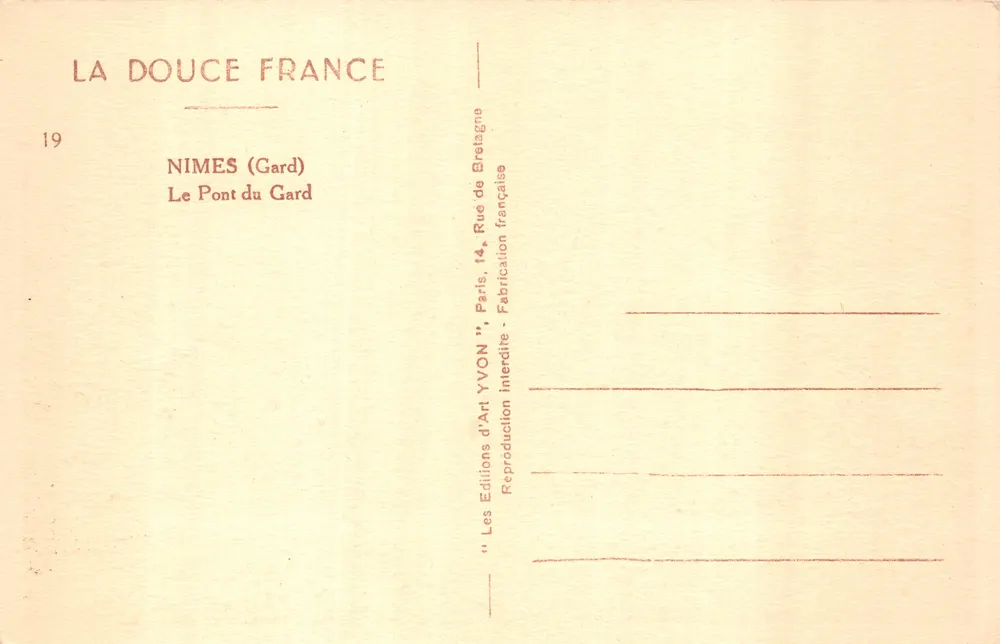 Brücke von Gard — römischer Aquädukt über den Gard — Verlag YVON, Nr. 19 - Rückseite
