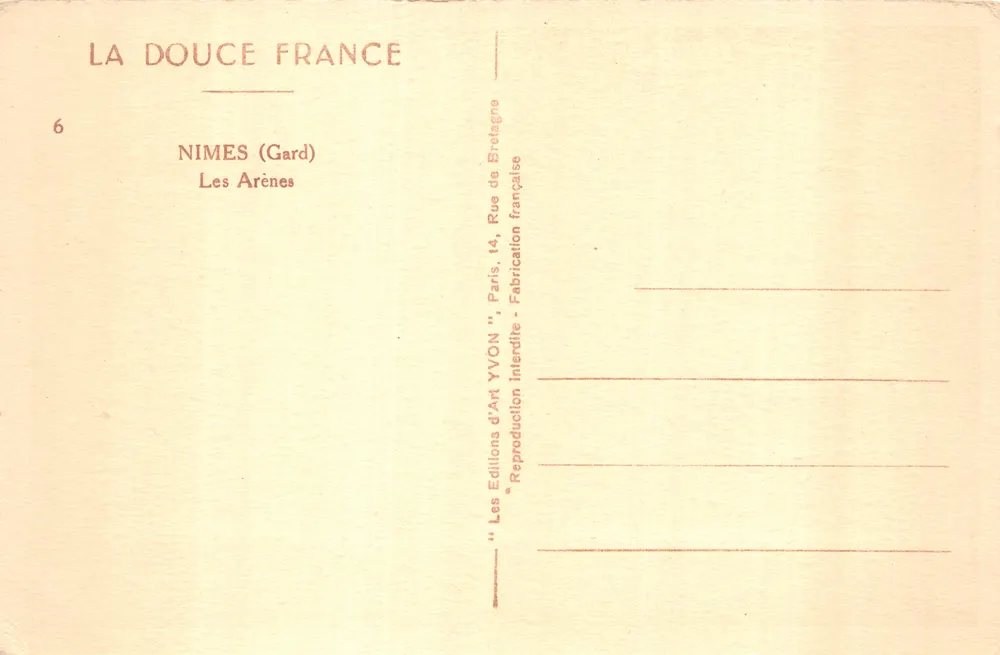 Nîmes — Les Arènes — Éditions d'Art YVON - Verso