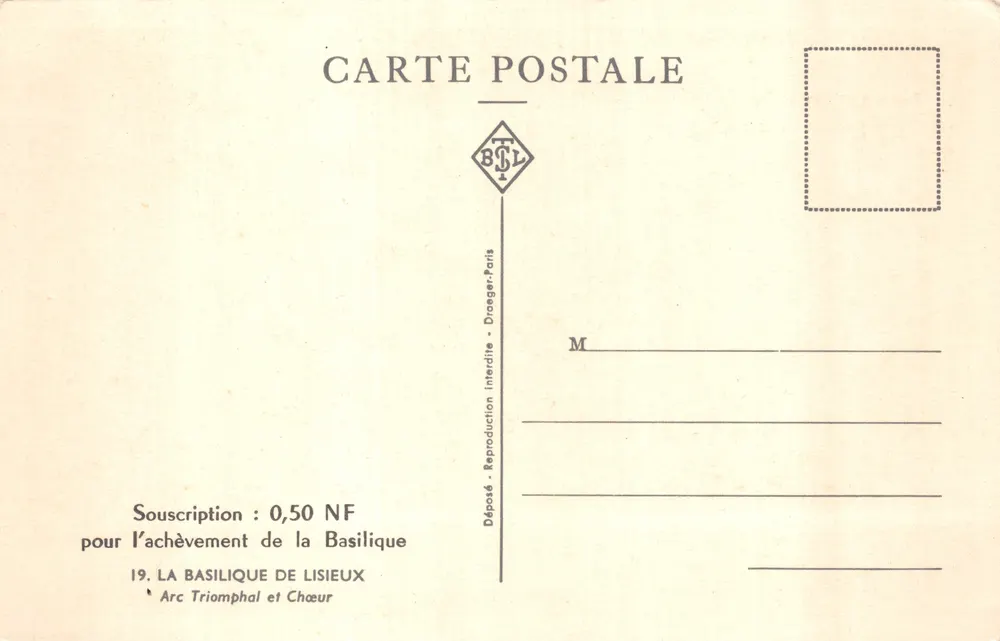 Innenraum der Basilika von Lisieux — Siegesbogen und Chor — Verleger Draeger-Paris, Nr. 19 - Rückseite