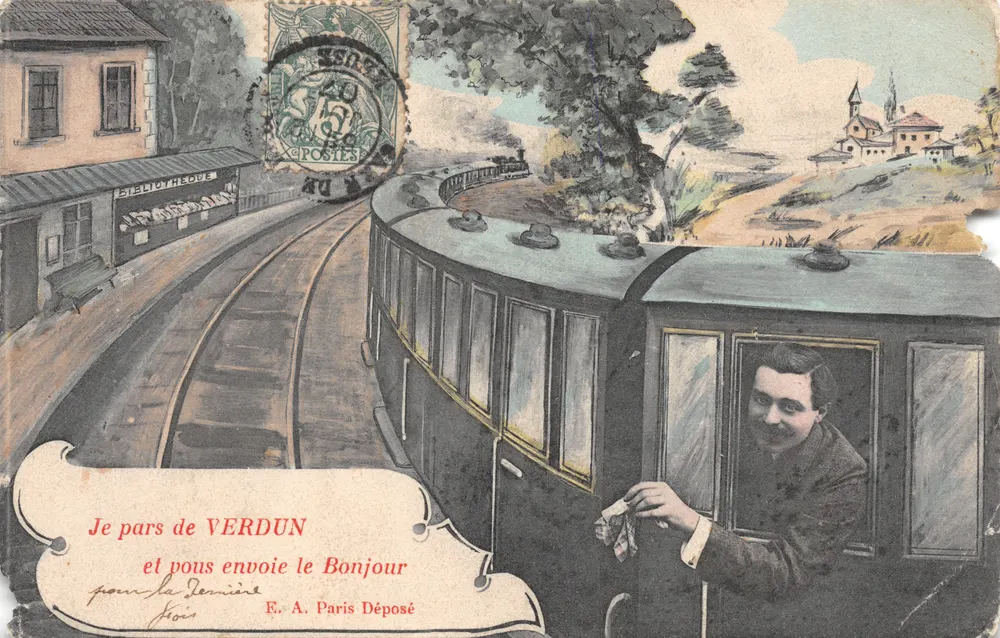 Bahnhof Verdun — Szene des Zugabfahrts mit Passagier — Verleger E. A. Paris Déposé - Vorderseite