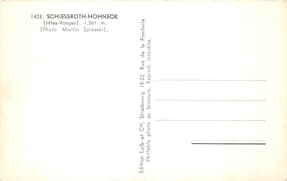 Schiessroth-Hohneck — schneebedeckter Gipfel mit Gebäuden — Edition Luib et Cie, Straßburg - Rückseite