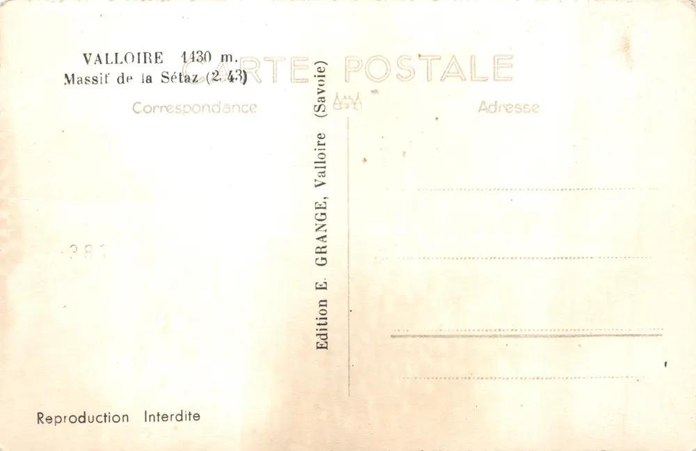 Valloire 1430 m. — Massif de la Sétaz — Ausgabe von E. Grange, Valloire (Savoie) - Rückseite