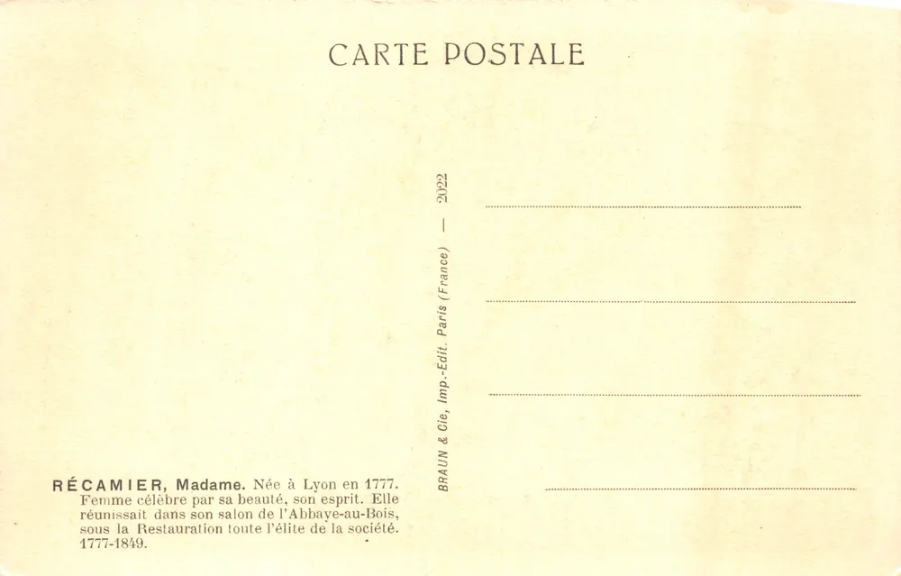 Madame Récamier — Portrait in einem klassischen Salon — Verlag BRAUN & Cie, Paris - Rückseite