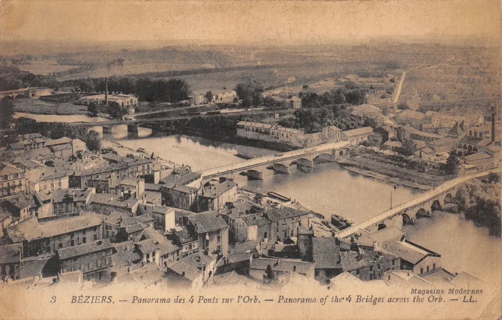 Béziers — Panorama der 4 Brücken über den Orb — Moderne Geschäfte — LL - Vorderseite