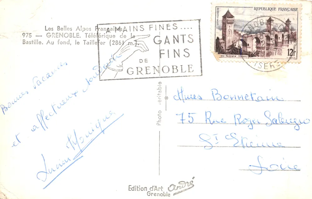 Grenoble — Panoramablick mit Seilbahn und schneebedecktem Berg — Édition d'Art André - Rückseite