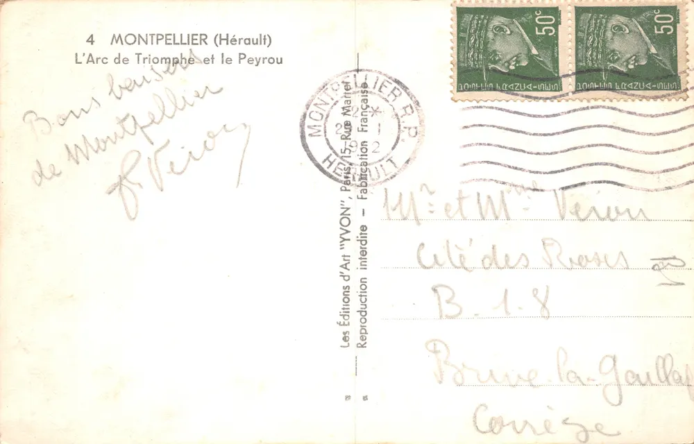 Montpellier — Arc de Triomphe et le Peyrou — Éditions d'Art 'YVON', Paris - Verso