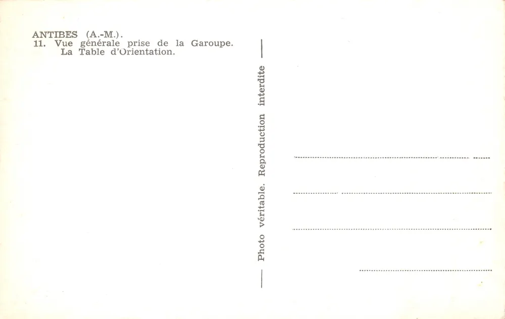 Antibes — Allgemeiner Blick von der Garoupe — Die Orientierungstafel — Verleger A.-M - Rückseite