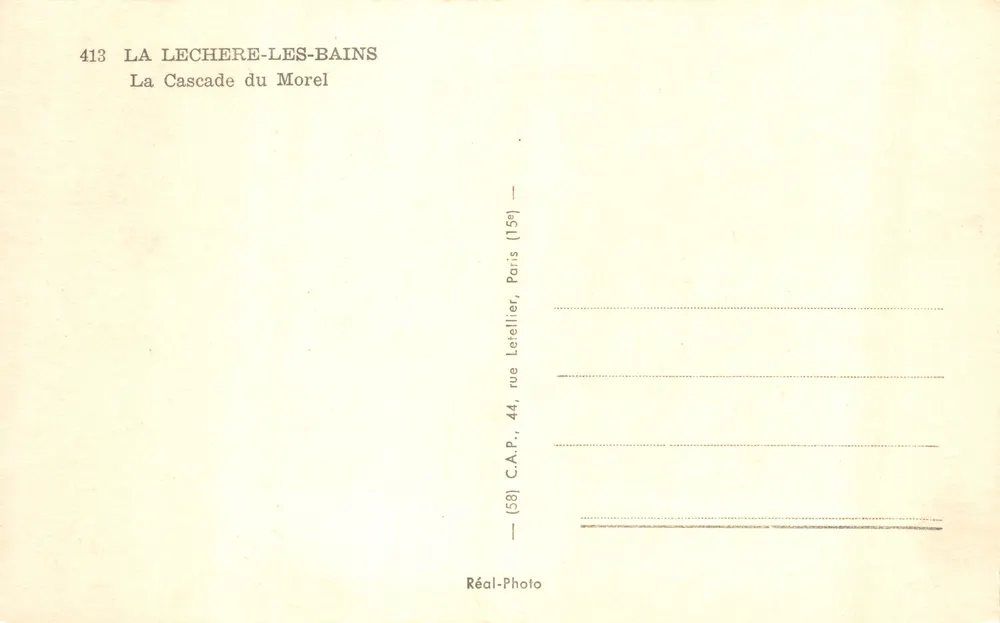 La Lèchêze — Treppenwasserfall inmitten des Waldes — Verlag Réal-Photo, Nr. 413 - Rückseite