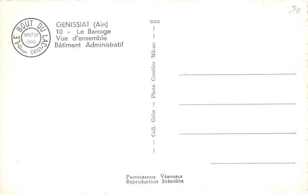 Génissiat (Ain) — Übersicht des Staudamms und des Verwaltungsgebäudes — Verleger: Photo Combier Mâcon - Rückseite