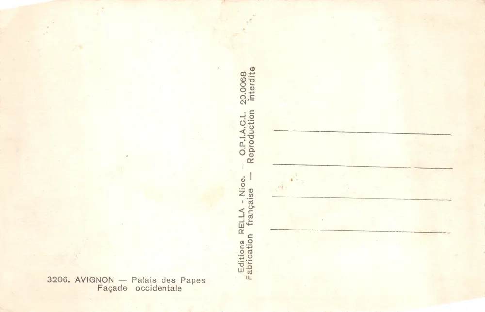 Avignon — Palácio dos Papas — Fachada ocidental — Edições RELLA, Nice - Verso