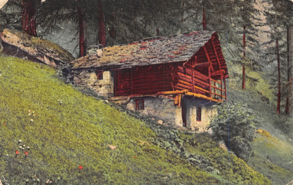 Bergschuppen — Ansicht im Wald — Verlag Schmeizer Fabrikat - Vorderseite
