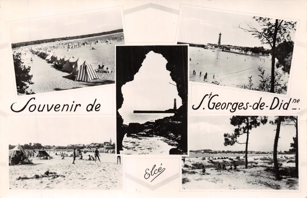 Saint-Georges-de-Didonne — Strand mit gestreiften Zelten, Leuchtturm und Küstenlandschaft — Verlag Elcée - Vorderseite