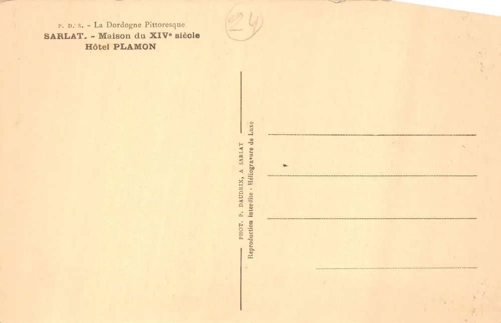 Sarlat - Hotel Plamon — casa do século XIV, editor P. Daudrix - Verso